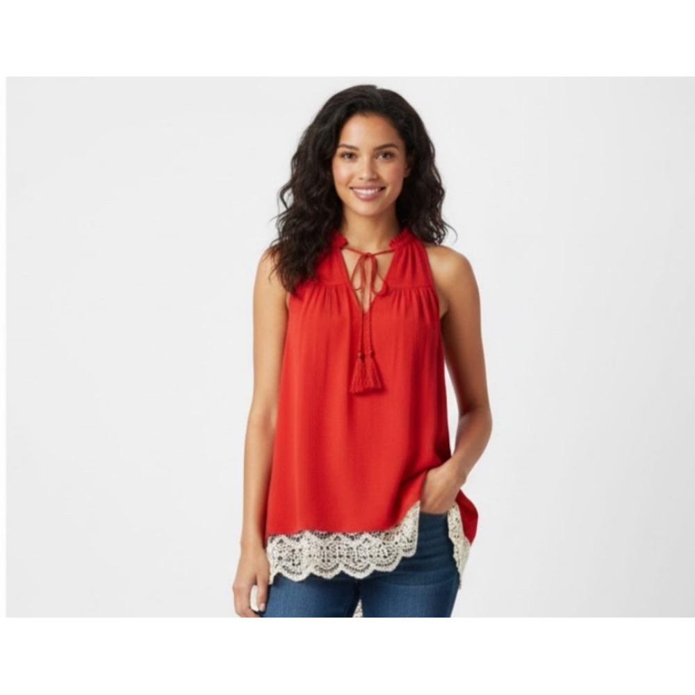 NEW Umgee Womens Lg‎  Red Lace Trim Tassel Tie Neck Sleeveless Boho Vacation